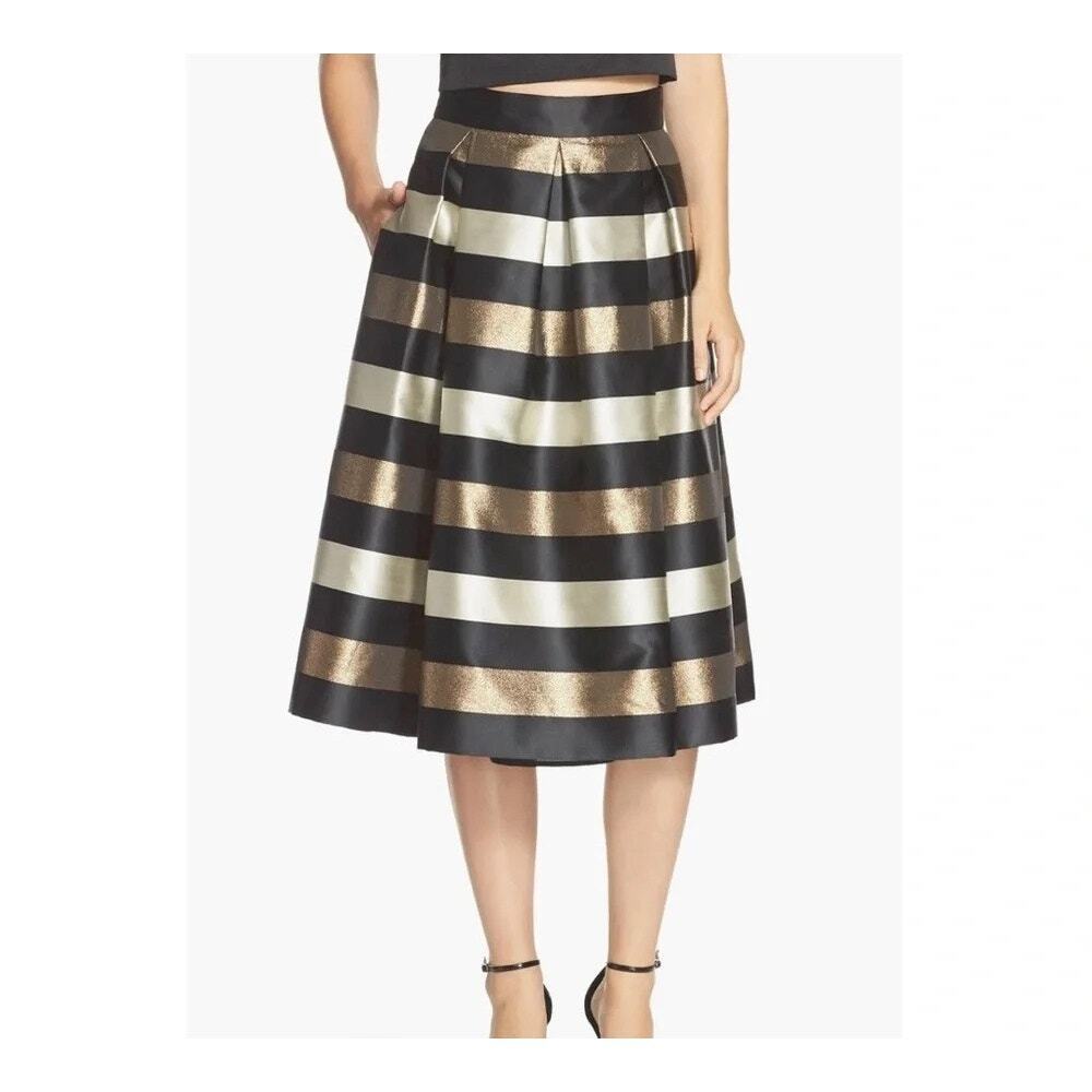 Eliza J Gold Striped Midi Skirt Size 8 Tulle Full Flared Black Tie